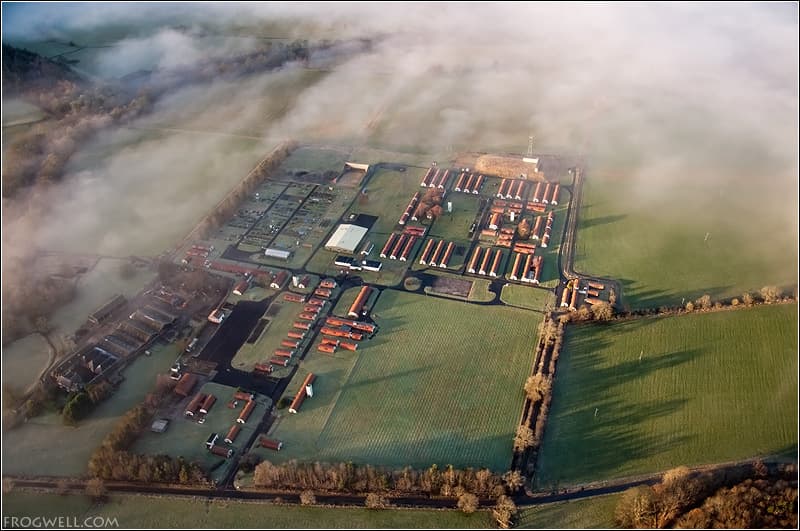 Cultybraggan Camp viewed from above — the full sweep of Nissen huts across the Perthshire landscape, the place Steinmeyer returned to throughout his life